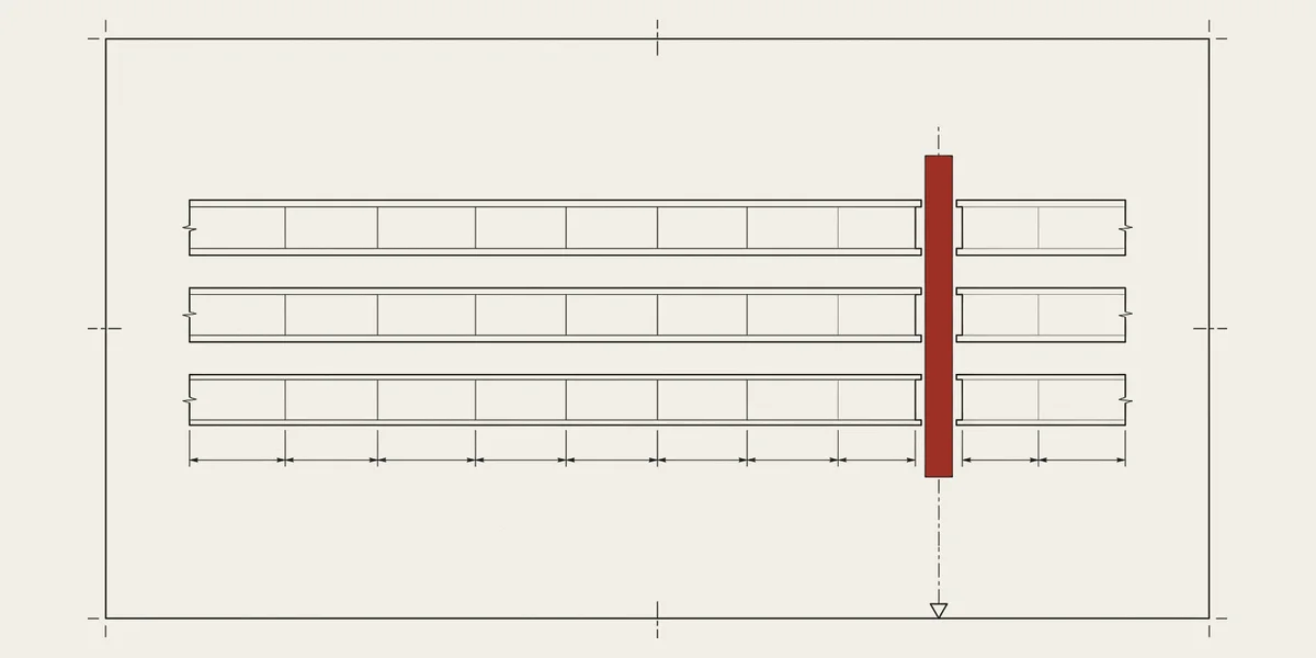 Working drawing: three compartmented coverage bars running the sheet, each drawn broken where one solid red vertical member stands across them at the renewal station, the dimension chain beneath measuring on past the break to a datum triangle.